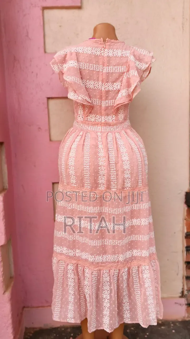 Elegant Dusty Pink Embroidered Lace Midi Dress With Ruffle Sleeves