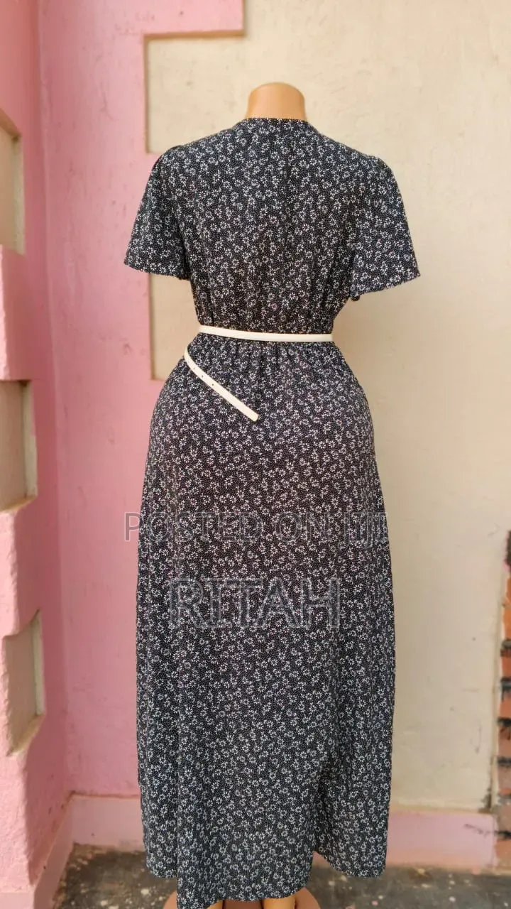 Elegant Black and White Floral-Print Midi Dress