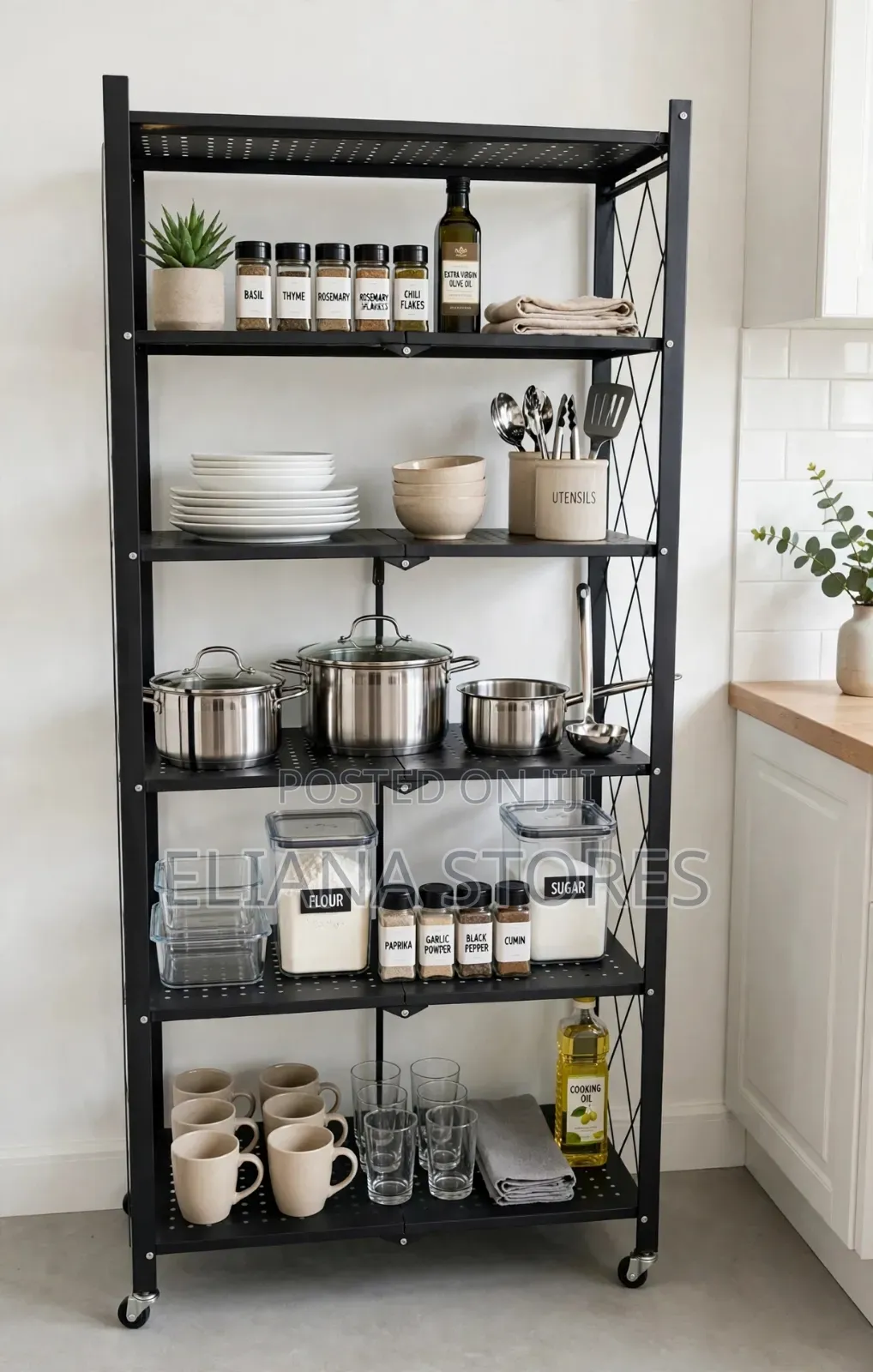 5-Tier Black Foldable Metal Kitchen Organizer
