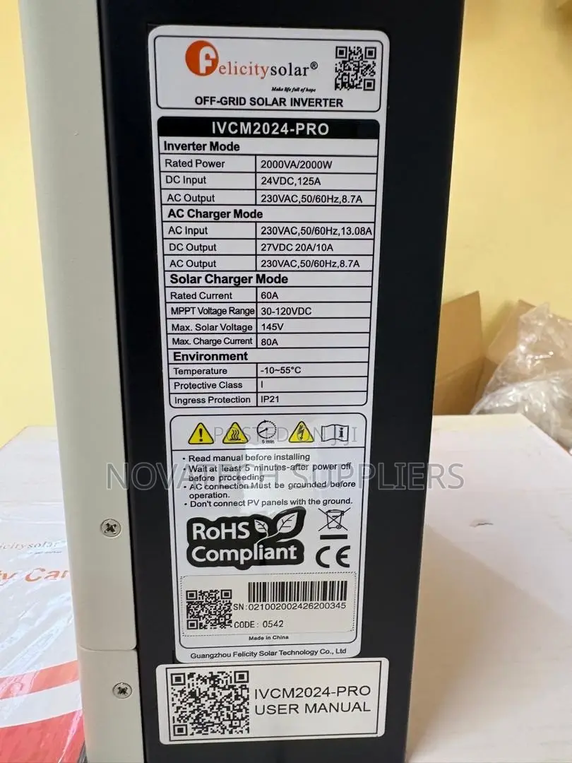 Felicity Solar IVCM2024-PRO 2000VA Solar Inverter 24V 50/60Hz