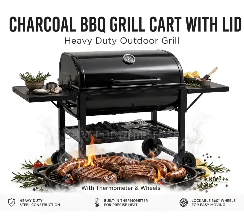 Heavy Duty Charcoal BBQ Grill Cart With Lid