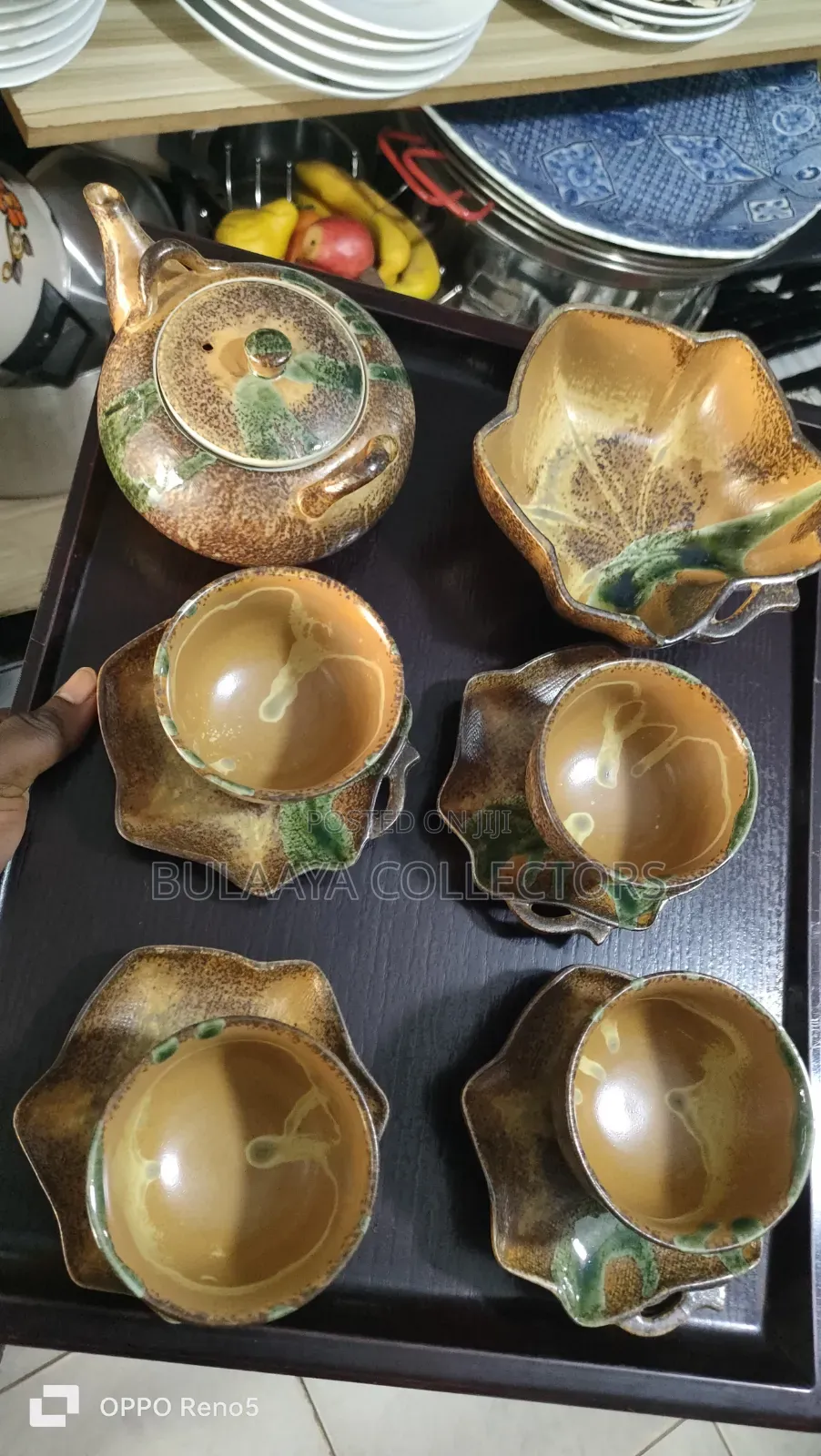 Japanese Used Brown and Green Glazed Ceramic Tea and Snack Set.