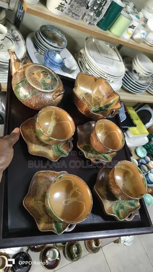 Japanese Used Brown and Green Glazed Ceramic Tea and Snack Set.