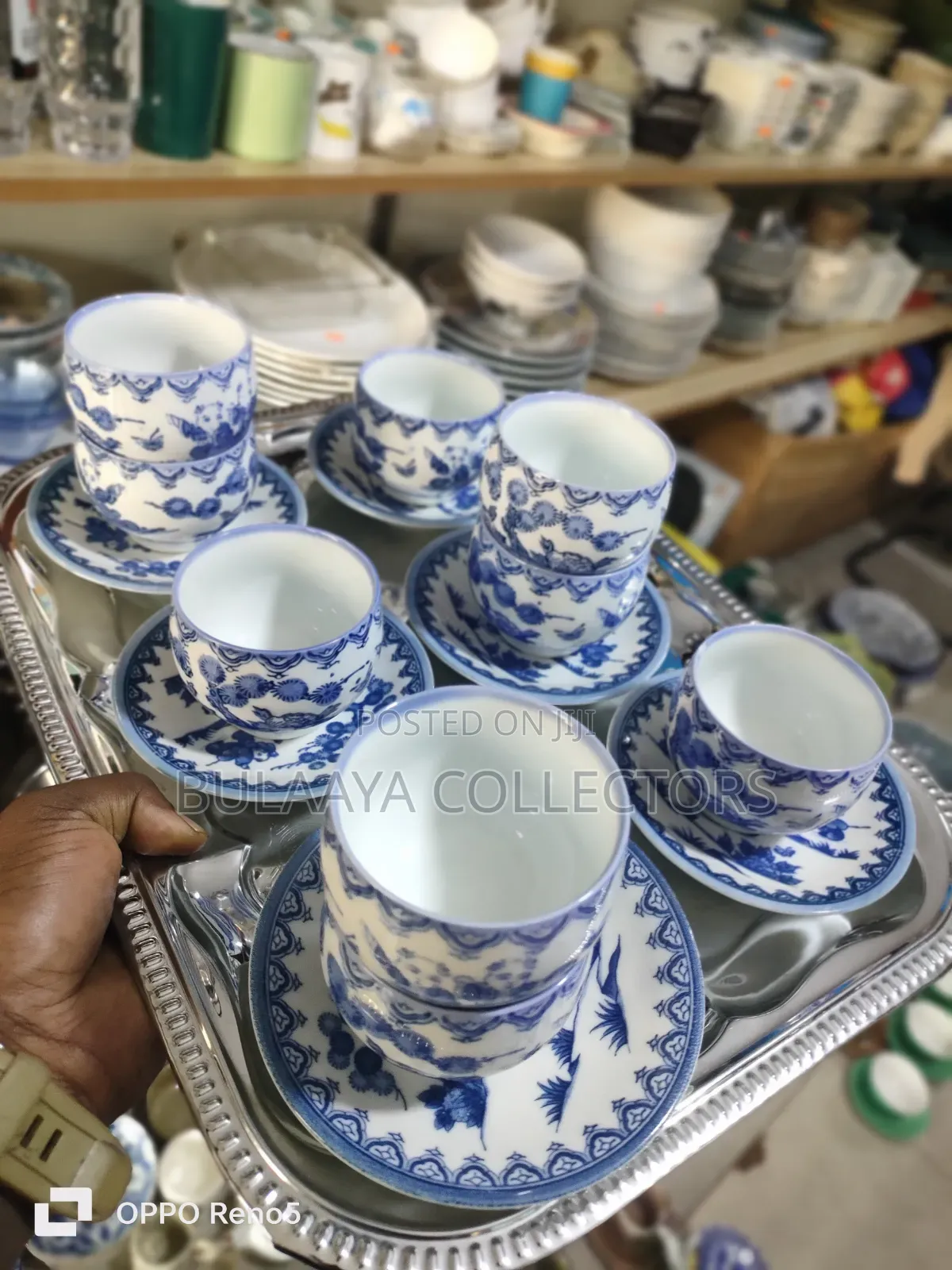 Collection of Vintage Blue and White Porcelain Teacups and Saucers.