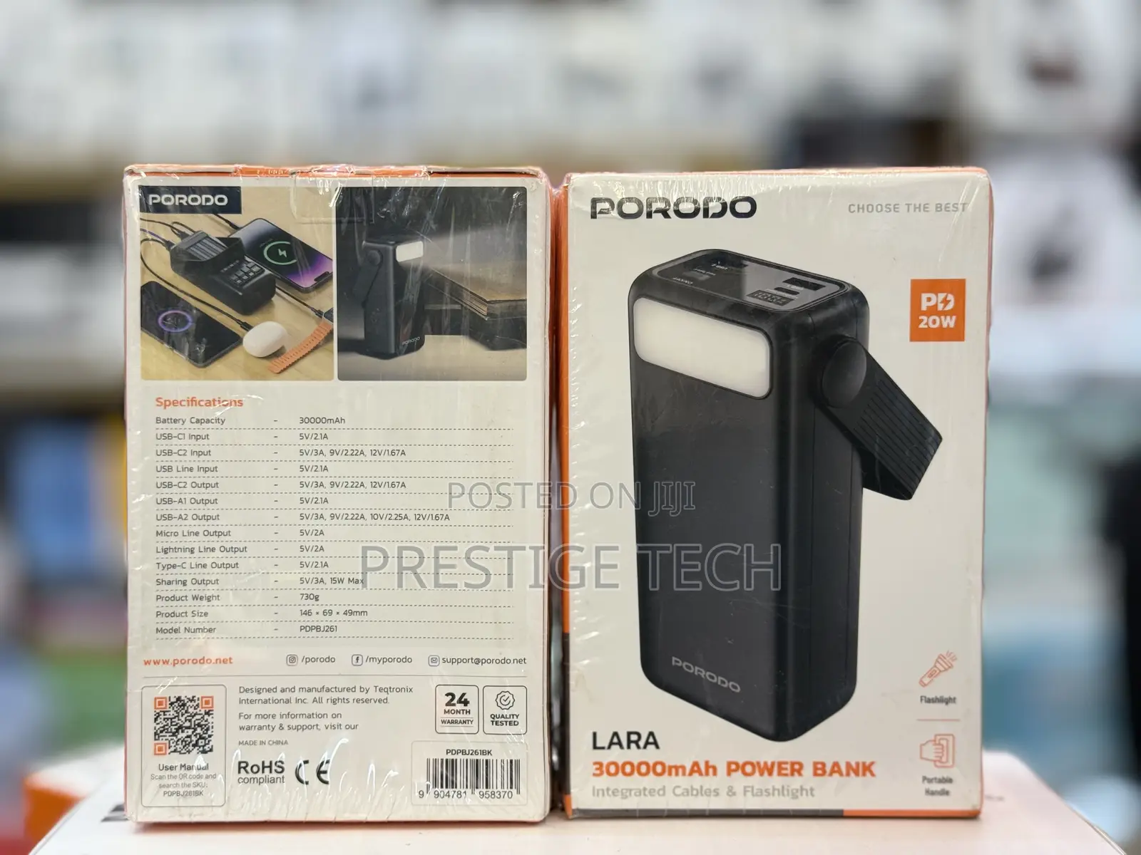 Porodo Lara 30000mah Power Bank With Integrated Cables and Flashlight