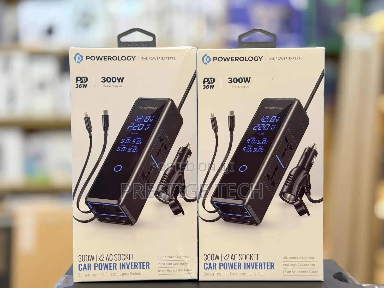 Powerology 300W Car Power Inverter, Retractable Cables, Car Charger