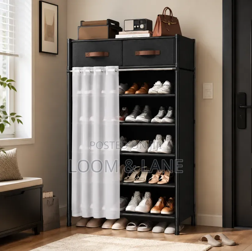 Modern Shoe Storage Rack With Drawers Curtain