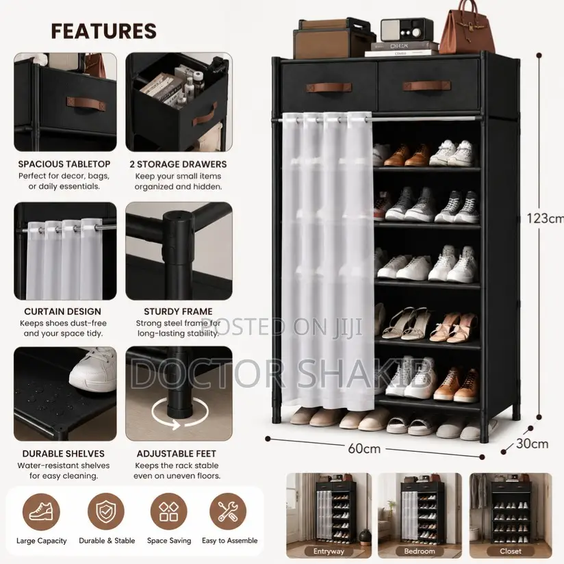Modern Shoe Storage Rack With Drawers Curtain