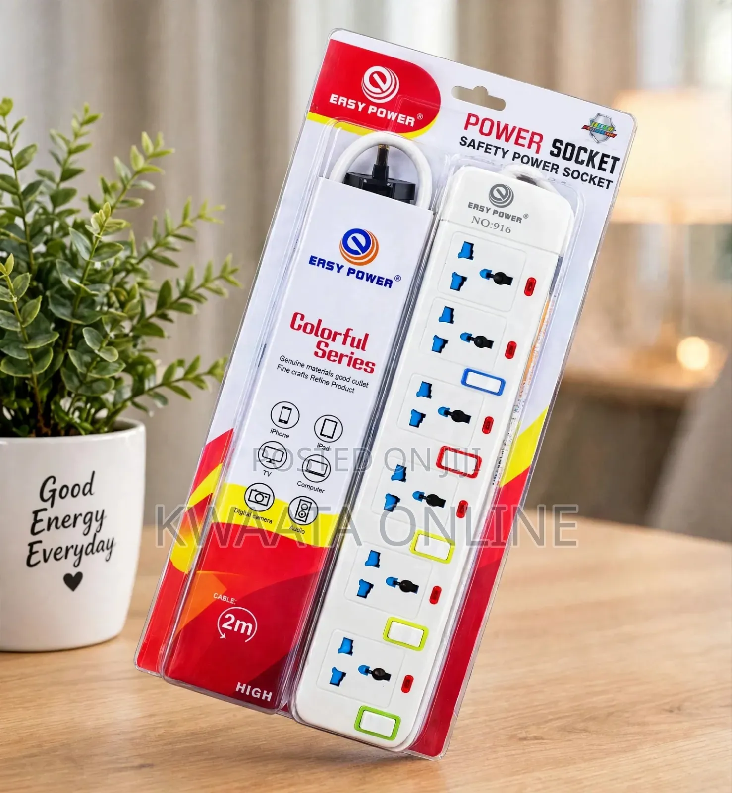 6 Way Extension Socket - 6 Gang Switches - 2M Cable (EASY POWER)