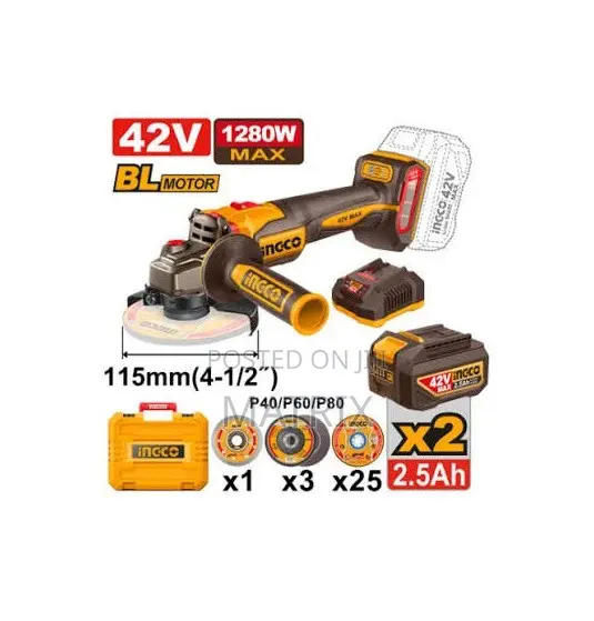 Ingco Cordless Angle Grinder Brushless 115mm, 2.0Ah Kit- 42V