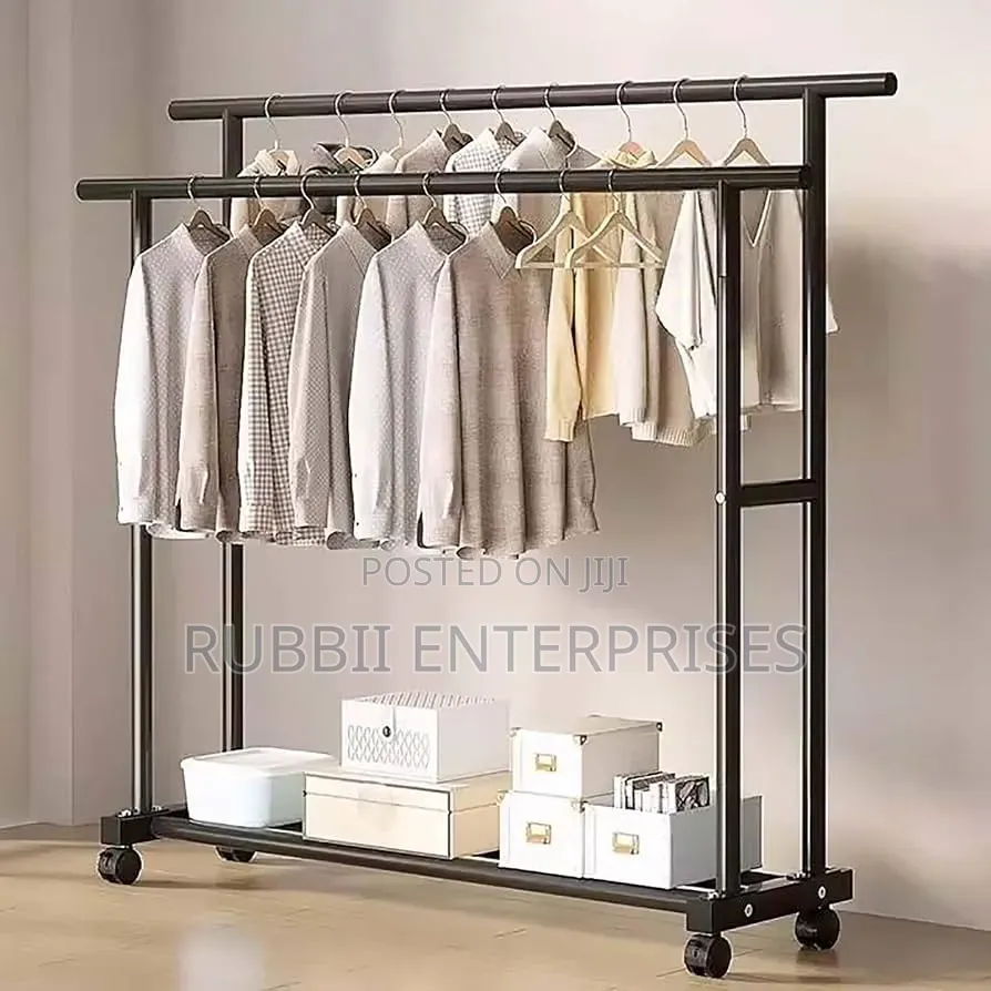 Black Double-Pole Metal Garment Rack With Rolling Wheels 100kg