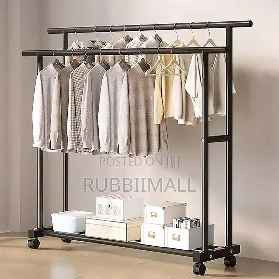 Black Double-Pole Metal Garment Rack With Rolling Wheels 100kg