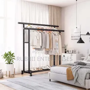 Black Double-Pole Metal Garment Rack With Rolling Wheels 100kg