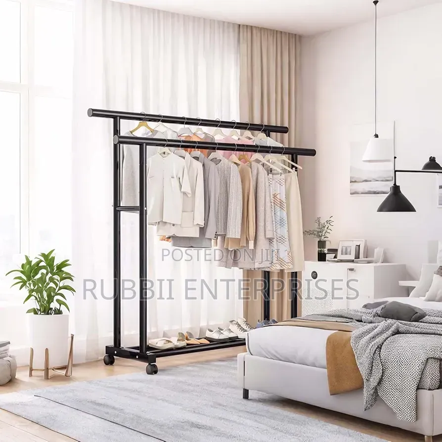 Black Double-Pole Metal Garment Rack With Rolling Wheels 100kg