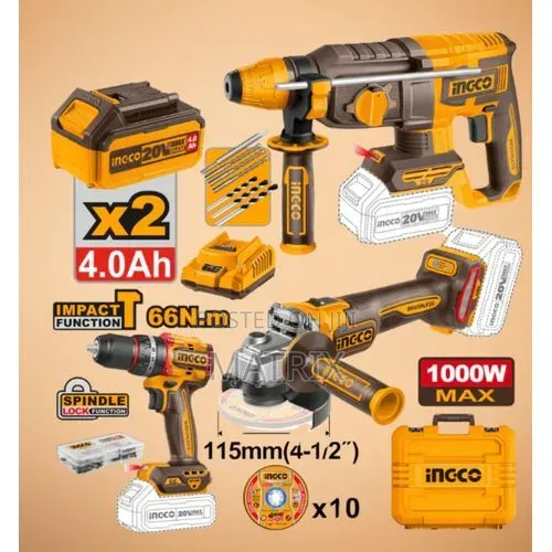 Ingco 3 in 1 Combo Kit 20V –Impact Drill, Ngle Grinder Rotary Hammer