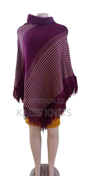 Maroon and Khaki Women's Shawl Poncho