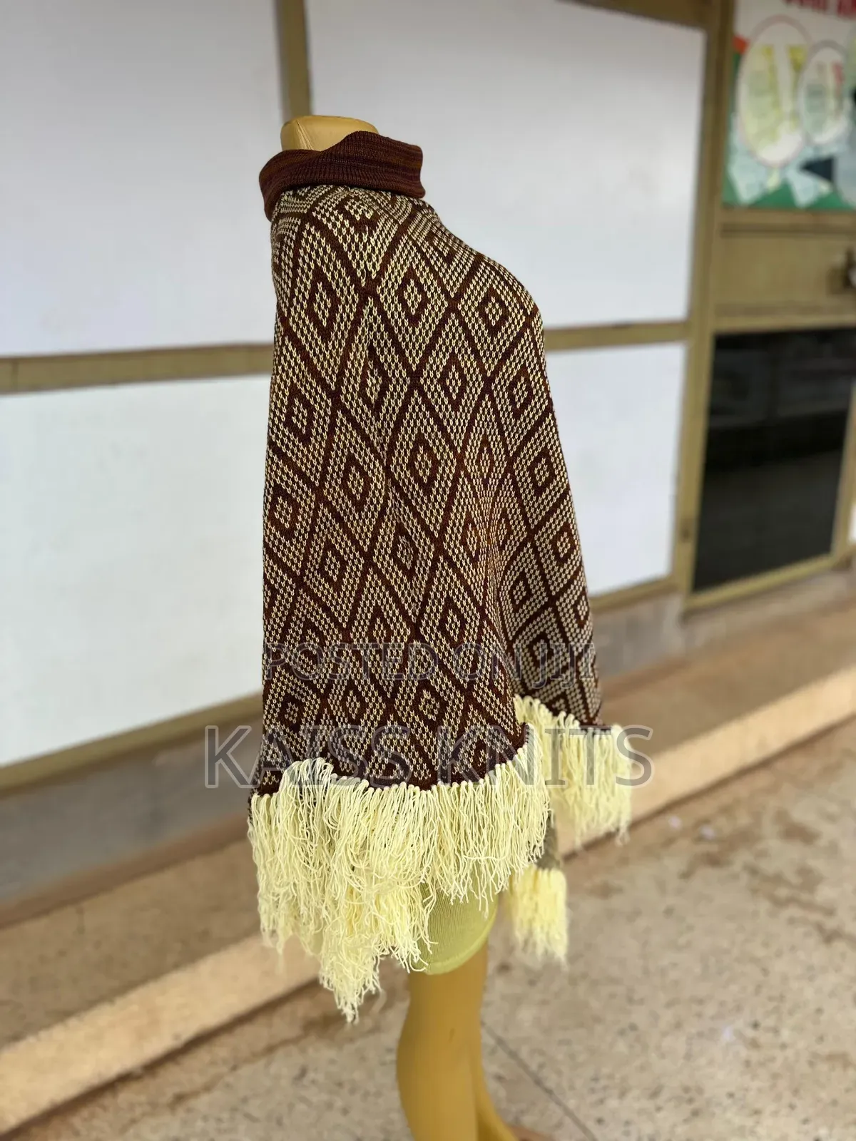 Brown Card Knitted Women's Shawl Poncho