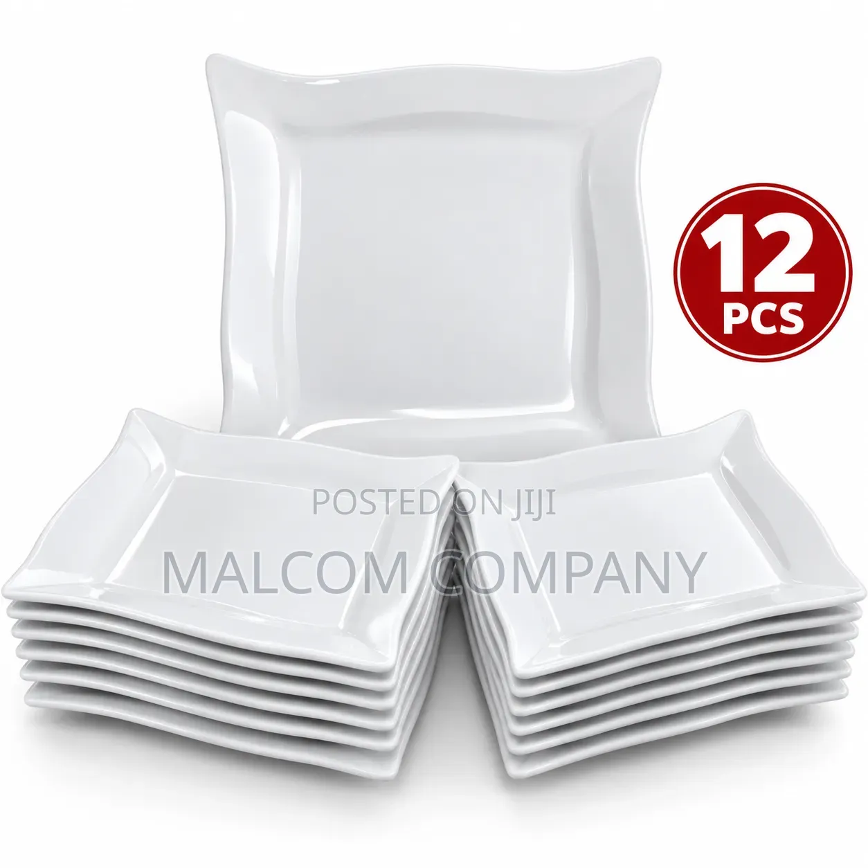 12-Piece White Square Ceramic Dinner Plates Set–Modern Wavy Dinnerware