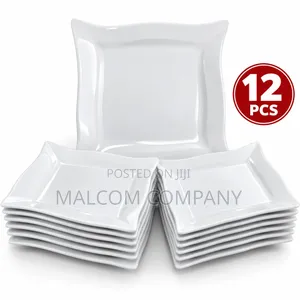 12-Piece White Square Ceramic Dinner Plates Set–Modern Wavy Dinnerware
