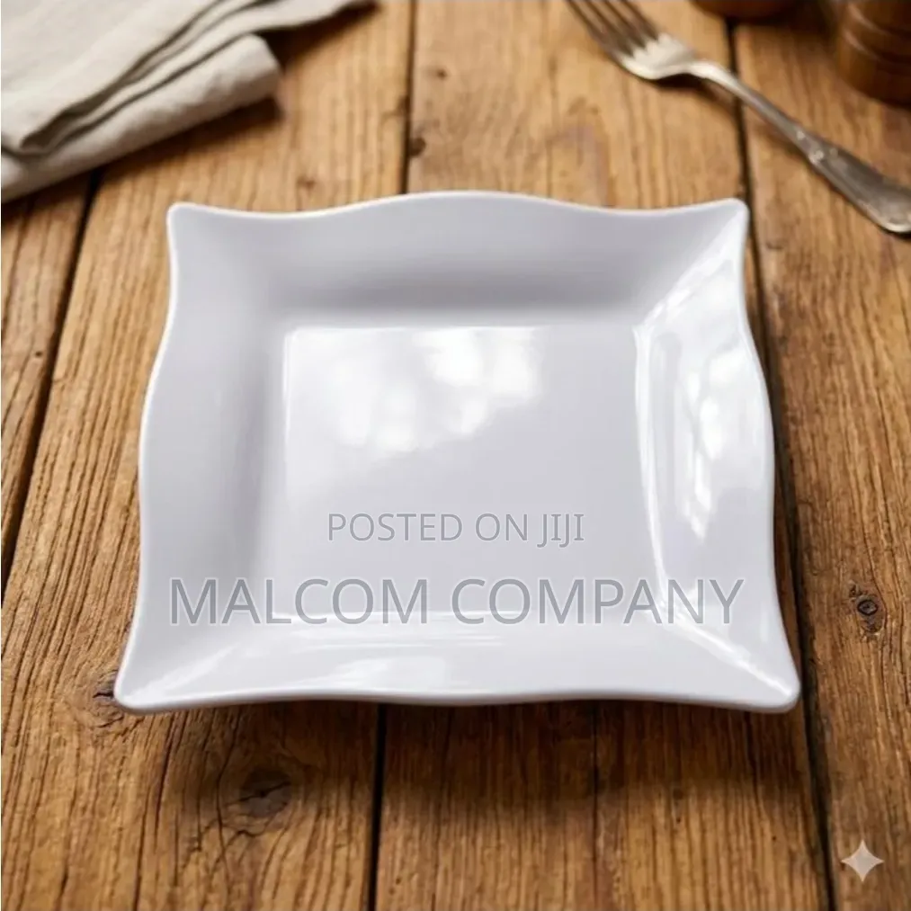 12-Piece White Square Ceramic Dinner Plates Set–Modern Wavy Dinnerware