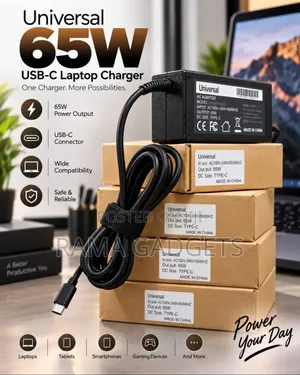 Universal 65W USB-C Laptop Charger With a Black Power Brick