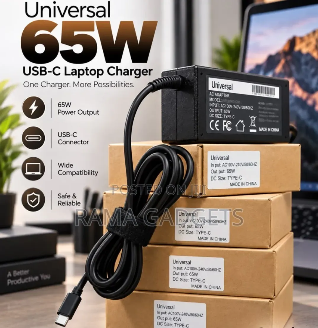 Universal 65W USB-C Laptop Charger With a Black Power Brick