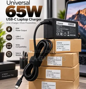 Universal 65W USB-C Laptop Charger With a Black Power Brick