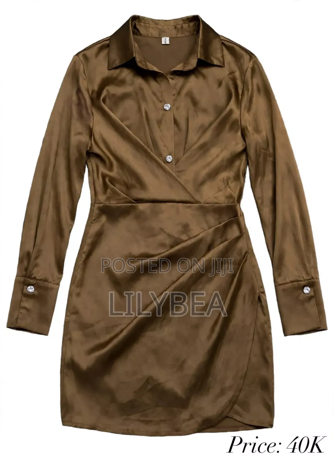 Brown Satin Shirt Dress S/M - Coffee Brown - - Lungujja