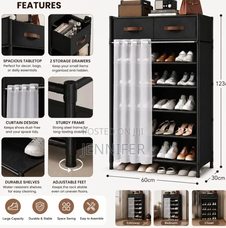 Modern Shoe Storage Rack With Drawers Curtain