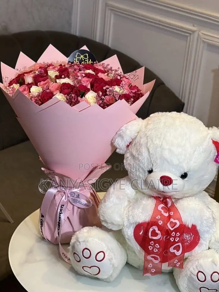 Teddy Bear With Fresh Cake and Flowers