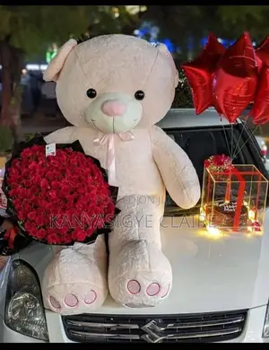 Teddy Bear With Fresh Cake and Flowers