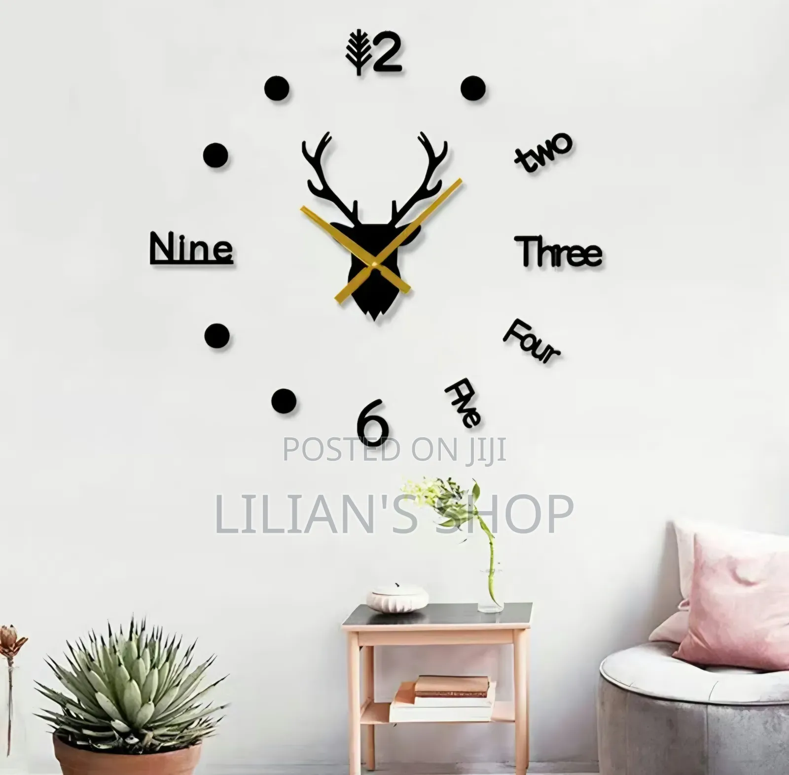 Modern 3D DIY Deer Head Frameless Wall Clock - Black Gold