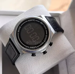 Black Leather Digital Watch 