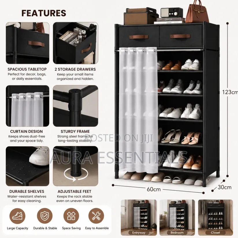 Modern Shoe Storage Rack With Drawers Curtain