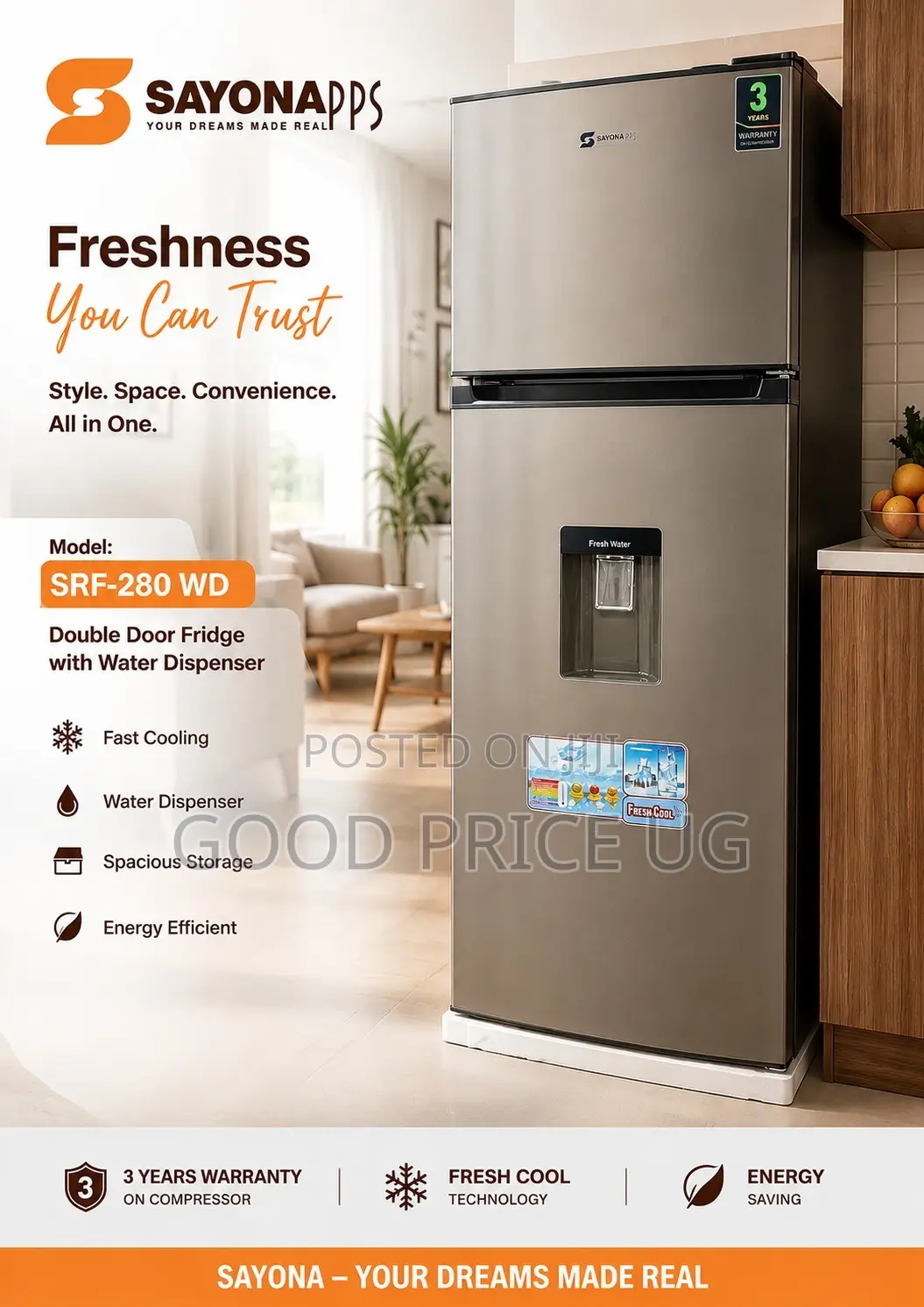 Sayona 280L Double Door Refrigerator With Water Dispenser (