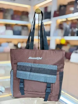 Brown Multi-Pocket Canvas and Nylon Tote Bag With Black Shoulder Strap