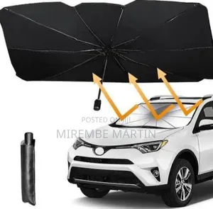 Foldable Umbrella-Style Car Windshield Sun Shade With a Black Exterior