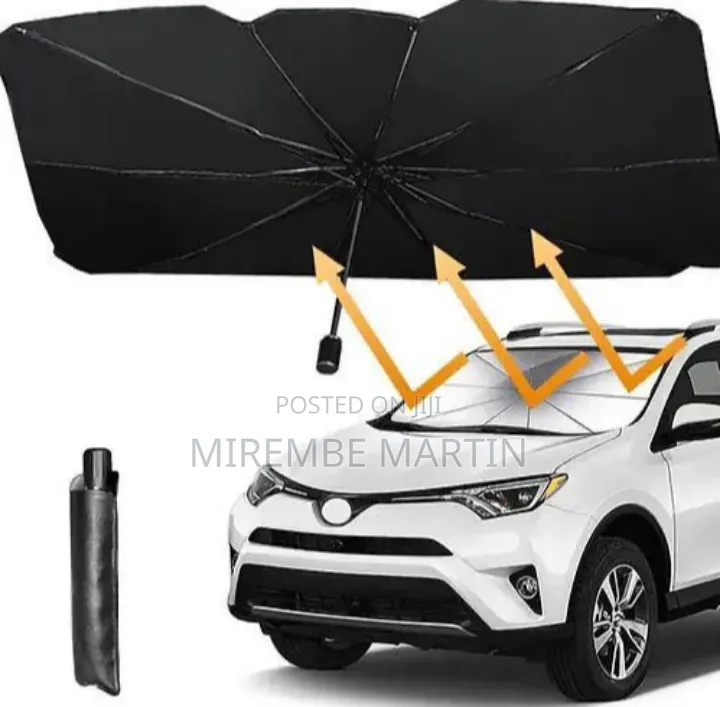 Foldable Umbrella-Style Car Windshield Sun Shade With a Black Exterior