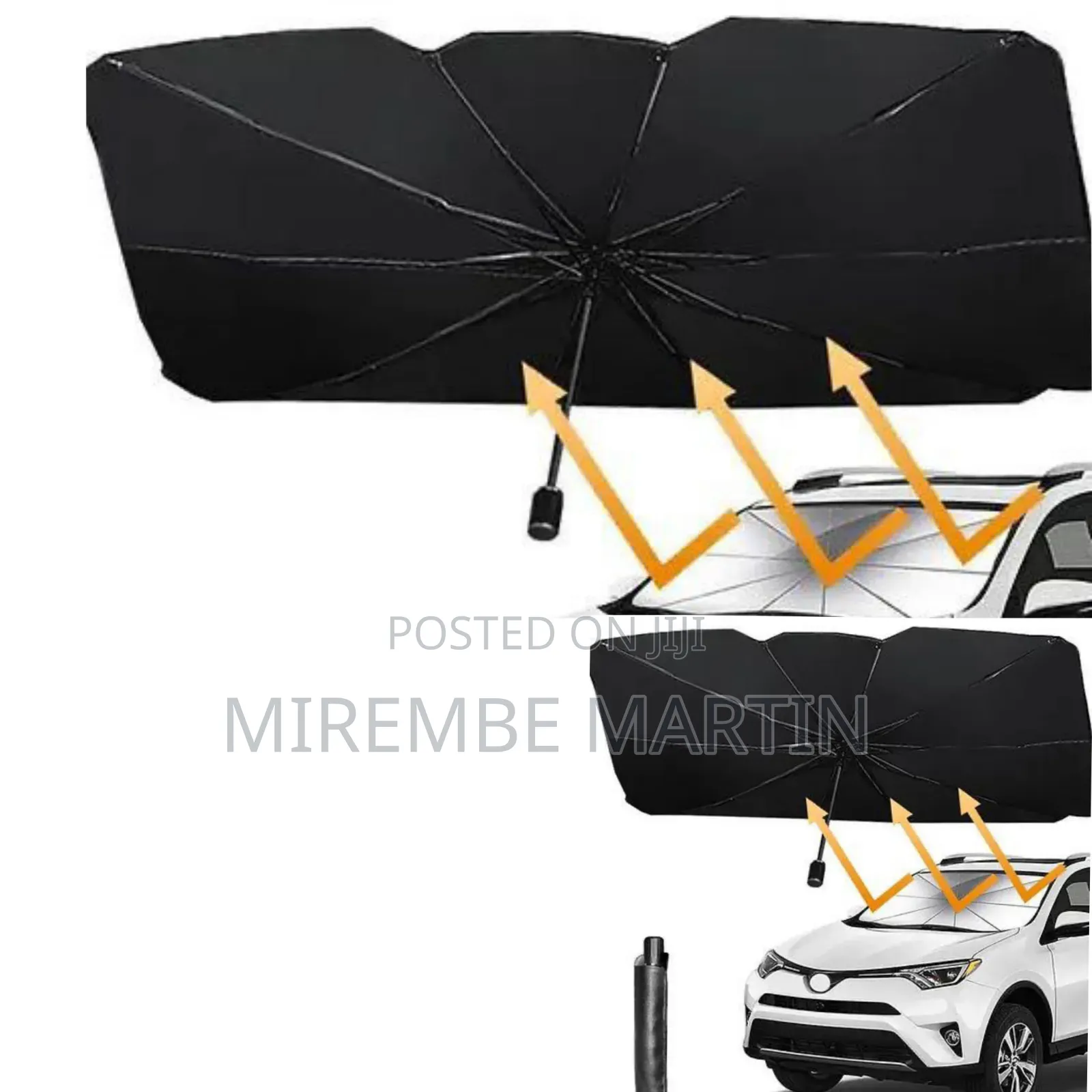 Foldable Umbrella-Style Car Windshield Sun Shade With a Black Exterior
