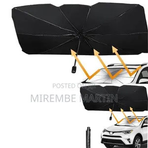 Foldable Umbrella-Style Car Windshield Sun Shade With a Black Exterior
