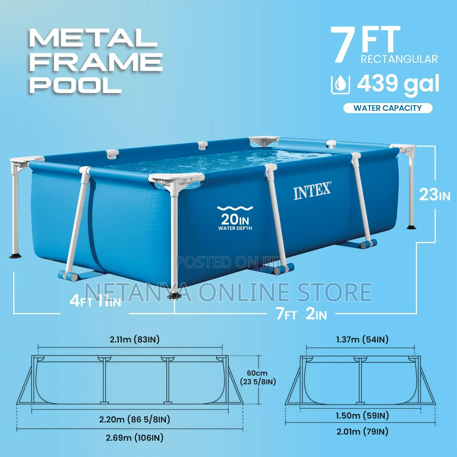 2.2m Rectangular Metal Frame Swimming Pool