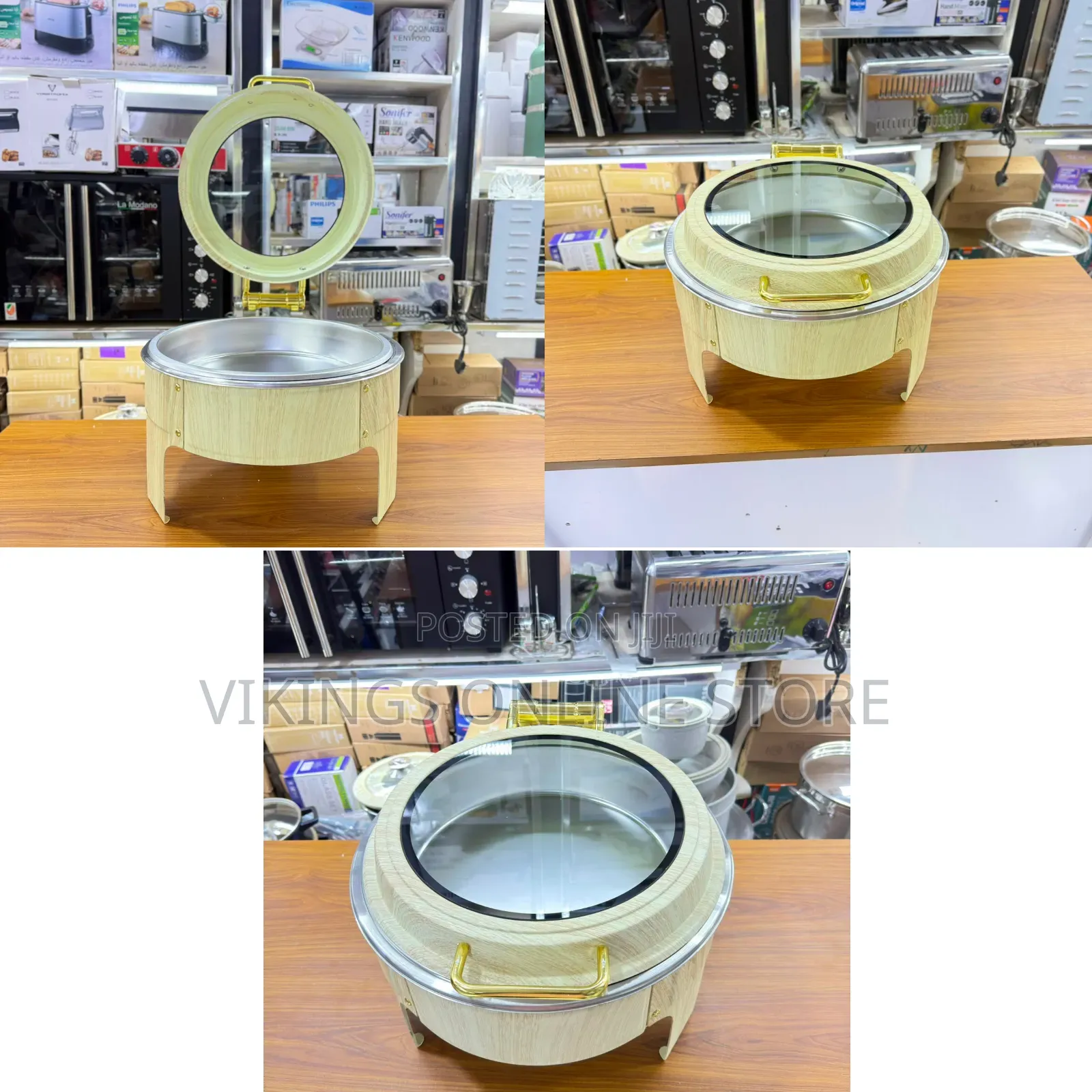 Round Hydraulic Chafing Dish With a Wood-Grain Finish Outer Body