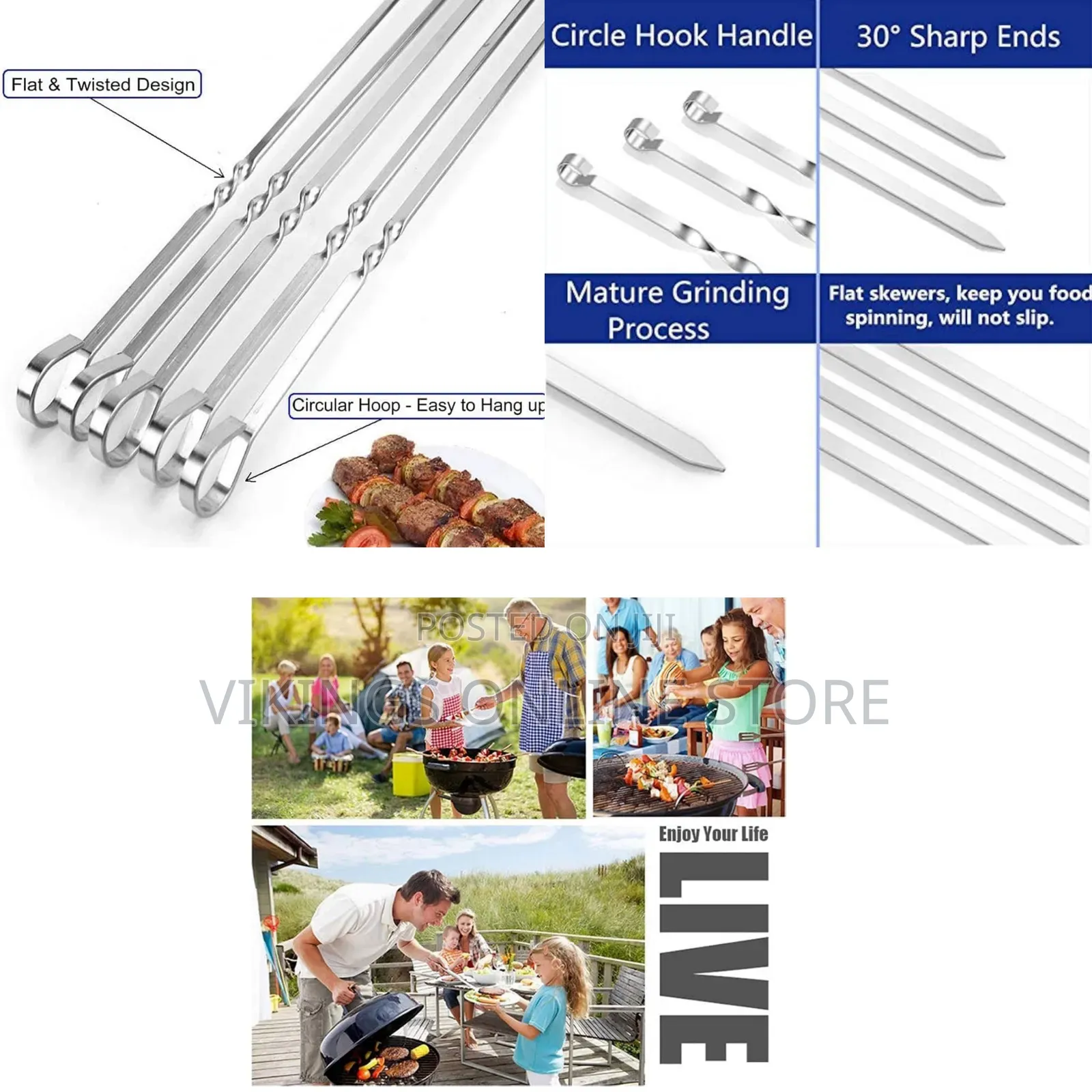 12PCS Kabob Skewers Flat Metal BBQ Barbecue Skewer