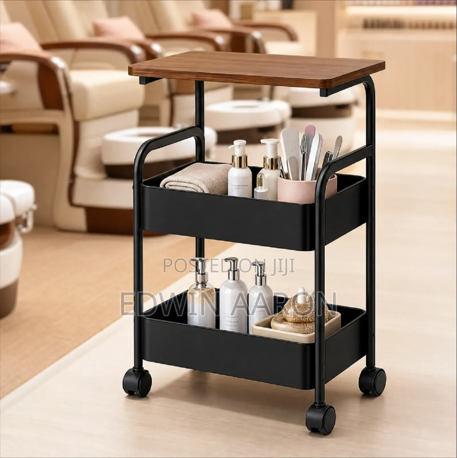 3 Tier Rolling Utility Cart With Wooden Top, Metal Storage Organizer