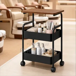 3 Tier Rolling Utility Cart With Wooden Top, Metal Storage Organizer
