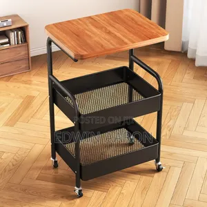 3 Tier Rolling Utility Cart With Wooden Top, Metal Storage Organizer