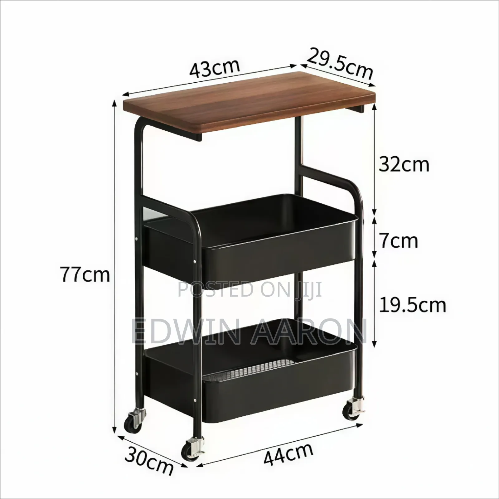 3 Tier Rolling Utility Cart With Wooden Top, Metal Storage Organizer