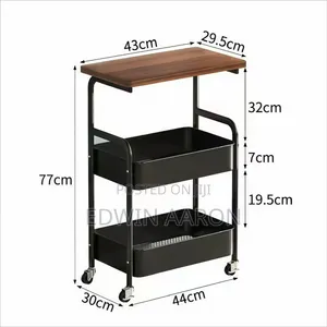 3 Tier Rolling Utility Cart With Wooden Top, Metal Storage Organizer
