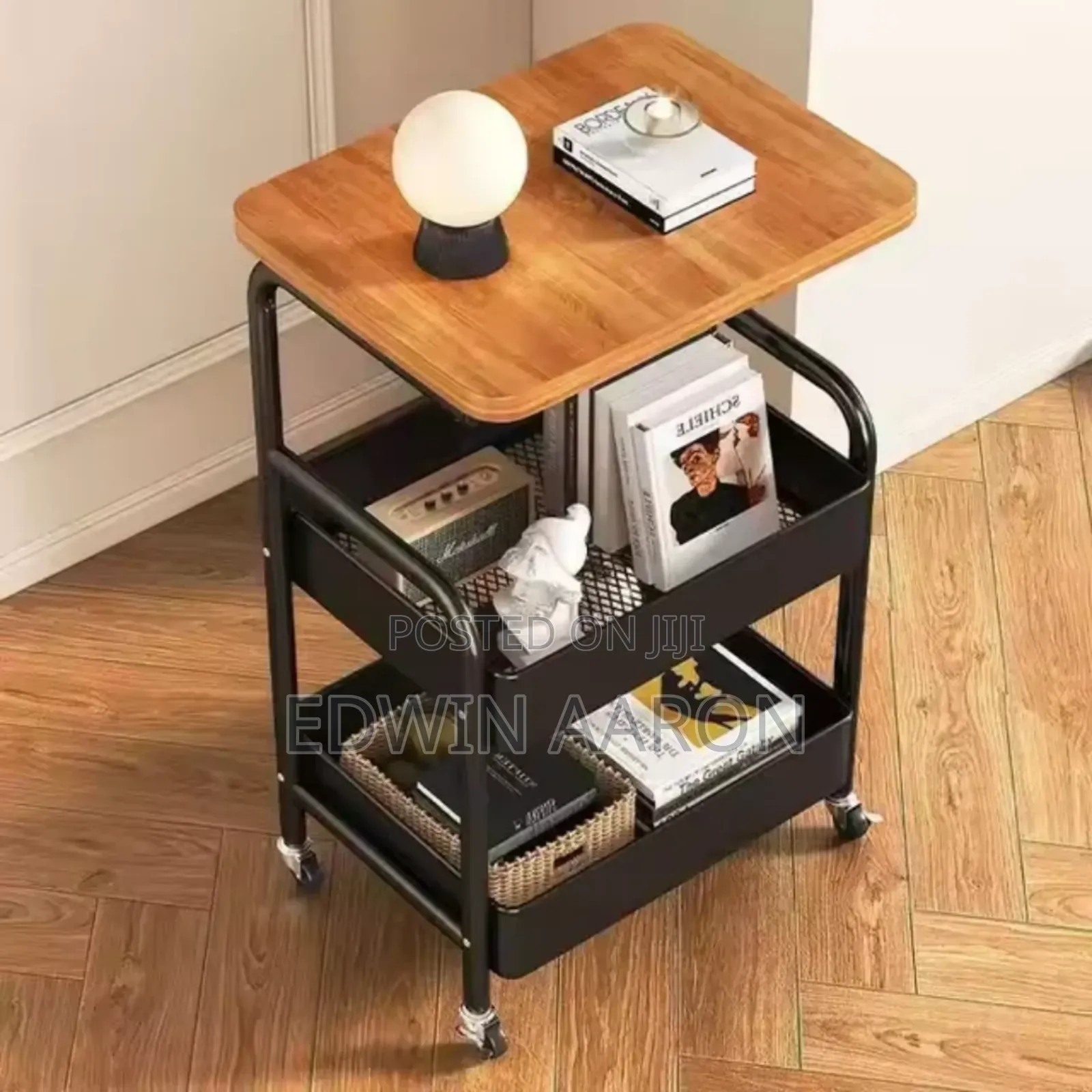3 Tier Rolling Utility Cart With Wooden Top, Metal Storage Organizer