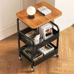 3 Tier Rolling Utility Cart With Wooden Top, Metal Storage Organizer